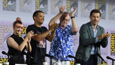 From left: 'Game of Thrones' stars Maisie Williams, Jacob Anderson, Liam Cunningham and Nikolaj Coster-Waldau at the 'Game of Thrones' panel on day two of Comic-Con International: San Diego on Friday, July 19, 2019. AP