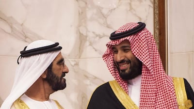 Saudi Crown Prince Mohammed bin Salman and Vice President and Prime Minister of the United Arab Emirates , and ruler of the Emirate of Dubai Mohammed bin Rashid Al-Maktoum, speaking to each other. AFP / Saudi Royal Palace