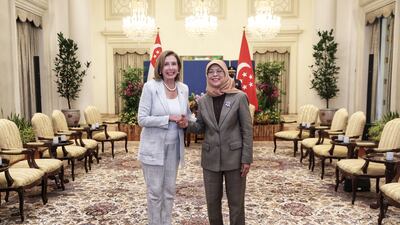 US House Speaker Nancy Pelosi and Singapore's President Halimah Yacob met at the Istana Presidential Palace in Singapore on Monday. EPA / Singapore Ministry of Communications and Information
