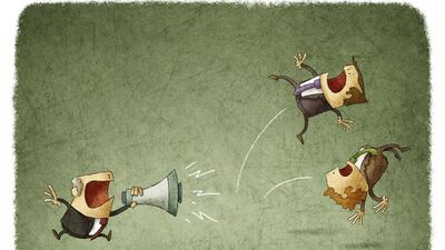 Illustration of a boss scolding his employees. The reign of the bossy boss in the UAE looks numbered – but that certainly doesn’t mean workers will get to while away the day playing Candy Crush. istockphoto.com