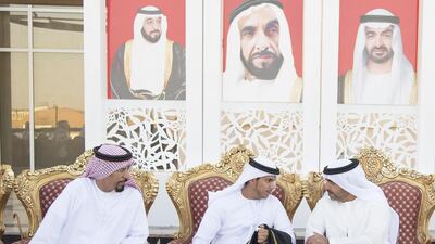 Sheikh Hamed bin Zayed, Chairman of the Crown Prince Court of Abu Dhabi and Abu Dhabi Executive Council Member (R), attends the wedding reception of Hilal Ateeq Al Khateri (C), in Ras Al Khaimah. Hamad Al Kaabi / Crown Prince Court — Abu Dhabi