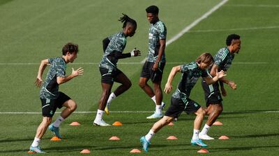 Real Madrid's Eder Militao, Luka Modric, Aurelien Tchouameni, Eduardo Camavinga and Alvaro Odriozola during training. Reuters