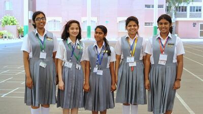 Sandra Mariam Shaji, from left, Sahara Christina Walter, Geofia Crasta, Sai Rushali Srivastava and Ninon Victoria Nelson from St. Joseph’s school have been selected to represent the UAE at The Global Young Leaders Conference in Washington, D.C. starting on Monday. Delores Johnson / The National