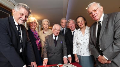 Members of the Abu Dhabi Sixties Group last month at their annual lunch at the Oxford and Cambridge Club in London. Left to right, David Spearing, Ruth Raeburn-Ward, Edna Green, Neville Green, John Grundon, Peter Raeburn-Ward, Lady Anne Walker and Sir Harold Walker. Stephen Lock for The National