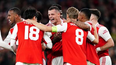 Arsenal's Granit Xhaka celebrates with team-mates after scoring the only goal in the Europa League victory against PSV Eindhoven at Emirates Stadium on October 20, 2022. PA
