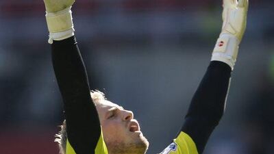 Leicester’s Kasper Schmeichel celebrates at the end of the match. Action Images via Reuters / Lee Smith