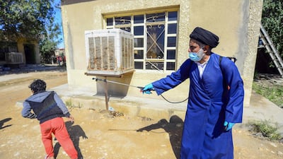 A Shiite cleric sprays disinfectant over a boy in a neighbourhood in the central Iraqi holy city of Najaf. AFP