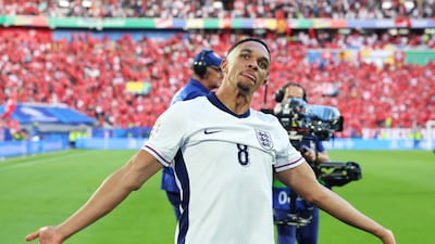 England's Trent Alexander-Arnold celebrates after scoring the winning penalty to seal a 5-3 victory in the shoot-out. Getty Images