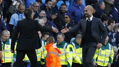 Manchester City manager Pep Guardiola shakes hands with Southampton manager Claude Puel after the game. Craig Brough / Action Images / Reuters