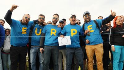 Fans of Europe during the morning fourball matches at the Le Golf National course. Getty Images