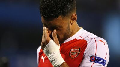 Alex Oxlade-Chamberlain of Arsenal looks dejected during his side's 2-1 loss to Dinamo Zagreb on Wednesday in Champions League group play. Alexander Hassenstein / Getty Images