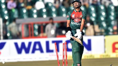 Bangladesh's Soumya Sarkar after his dismissal during the first T20 at the Gaddafi Stadium in Lahore. AFP