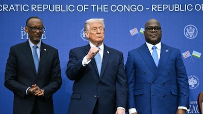 US President Donald Trump with Ugandan President Paul Kagame, left, and President of the Democratic Republic of the Congo Felix Tshisekedi, at the US Institute of Peace in Washington. AFP