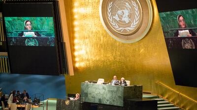“Access to clean energy, sufficient and affordable food, quality education and health care, sustainable economic growth, healthy ecosystems, increased resource efficiencies – all these issues resonate strongly with the UAE,” said Sheikha Lubna Al Qasimi, Minister of International Cooperation and Development (Micad), during a speech to the UN general assembly on Saturday evening. Courtesy of the Ministry of International Cooperation and Development