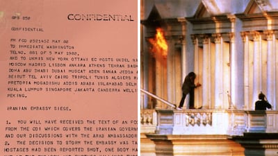 Left, a telegram sent to British ambassadors in the Middle East about the Iranian embassy siege in London in May 1980. Right, SAS officers storm the building. Paul Carey / The National / Getty Images