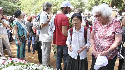 Ellen Siegel and Ang Swee visit a memorial to the victims of the 1982 Sabra and Shatila massacre on September 22, 2017. The two women were working at the Palestinian Red Crescent hospital in Shatila when the killings took place. David Enders for The National