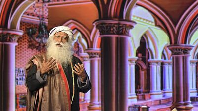 Sadhguru Jaggi Vasudev, founder of Isha Foundation, speaks during the Global Business Summit in New Delhi, India, on Monday, March 27, 2017. The influential guru launched a month-long campaign to save India's rivers on September 3, 2017. Anindito Mukherjee / Bloomberg