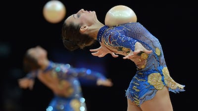Team Bulgaria performs during the group all-around final of the rythmic gymnastics even at Wembley arena. Ben Stansall/AFP Photo