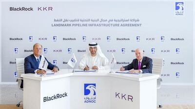 Adnoc has announced that it has entered into a landmark multi-billion-dollar midstream pipeline infrastructure partnership with KKR and BlackRock. To mark the occasion, a signing ceremony was held today at its headquarters with Dr Sultan Al Jaber, Minister of State and Adnoc Group chief executive, Larry Fink, chairman and CEO of BlackRock and Henry Kravis, co-chairman and co-CEO of KKR. Courtesy Adnoc