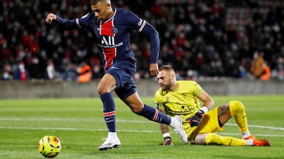 Kylian Mbappe scores the first goal. Reuters