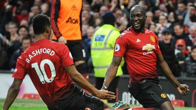 Manchester United's Romelu Lukaku, right, celebrates with Marcus Rashford after scoring their side's second goal. EPA