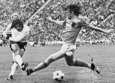 Gerd Muller scored for West Germany in the 1974 World Cup final despite the efforts of Netherlands defender Rudi Krol. AFP