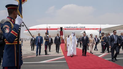 Sheikh Mohammed bin Zayed is greeted by Mr Sisi upon arrival at Cairo international Airport. Seen with Sheikh Nahyan bin Zayed, Chairman of the Board of Trustees of Zayed bin Sultan Al Nahyan Charitable and Humanitarian Foundation. Mohammed Al Hammadi / Crown Prince Court - Abu Dhabi