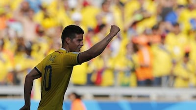 James Rodriguez celebrates his goal on Saturday in Colombia's 3-0 win over Greece at the 2014 World Cup in Belo Horizonte, Brazil. Sergio Perez / Reuters