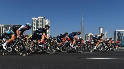 Competitors cycle past Burj Khalifa during the Ras Al Khaimah Stage Two of the Dubai Tour on February 1, 2017 in Dubai. Tom Dulat / Getty Images