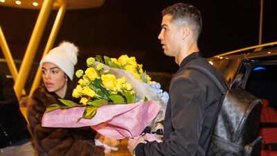 Cristiano Ronaldo and partner Georgina Rodriguez after their arrival in Riyadh. AFP