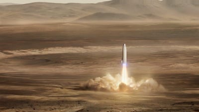 This artist's rendering shows SpaceX's new mega-rocket design on Mars. Elon Musk's company aims to launch two cargo missions to the red planet in 2022. Courtesy SpaceX