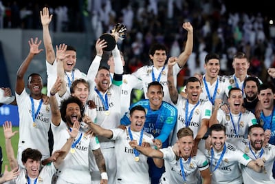 Real Madrid players celebrate winning the Club World Cup at Zayed Sport City in Abu Dhabi last year. The tournament is facing a revamp. Hassan Ammar / AP Photo