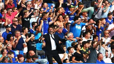 Chelsea manager Antonio Conte celebrates after his side scores their third goal. Steve Bardens / Getty Images