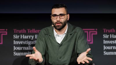 Palestinian photojournalist Motaz Azaiza speaks at the Sir Harry Evans Investigative Journalism Summit in London. Reuters