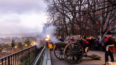 Cannon are fired during the 211th ceremony of the Restoration of Geneva, which marks the withdrawal of Napoleon's troops in 1813. EPA
