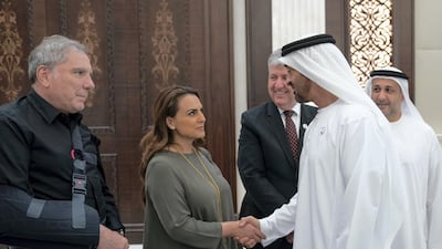Sheikh Mohamed bin Zayed receives Special Olympics sponsors and media partners - including Mina Al-Oraibi, Editor-in-Chief of The National - during an iftar reception at Al Bateen Palace. Eissa Al Hammadi for the Ministry of Presidential Affairs