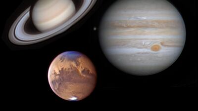 This image is a composite of 3 planets, Jupiter, Saturn and Mars, captured in 2020. Courtesy: Prabhakaran Andiappan.