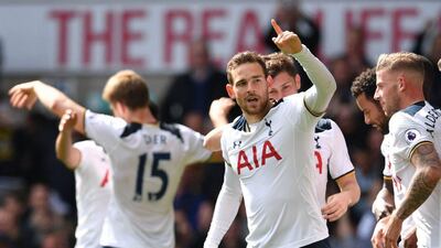 Tottenham Hotspur's Dutch striker Vincent Janssen, centre, celebrates with teammates after scoring their fourth goal during the English Premier League match against Bournemouth at White Hart Lane in London, on April 15, 2017. Tottenham won the game 4-0. Ben Stansall / AFP
