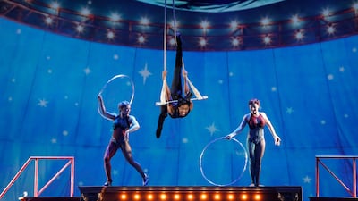 Actress Patina Miller, centre,from the Tony award winning Broadway revival Pippin performs at the show. Lucas Jackson / Reuters