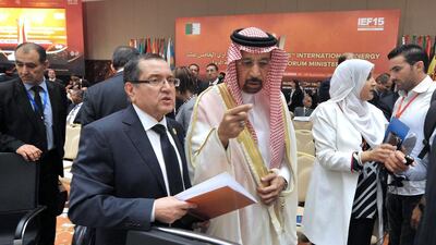 Noureddine Boutarfa, Algeria’s minister of energy, left, listens to Saudi energy minister Khalid Al Falih during the International Energy Forum ministerial meeting in Algiers. Sidali Djarboub / AP Photo