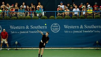 Andy Murray serves to Grigor Dimitrov during his round of 16 victory over of his world No 17 challenger on Thursday at the Cincinnati Masters. Rob Carr / Getty Images / AFP