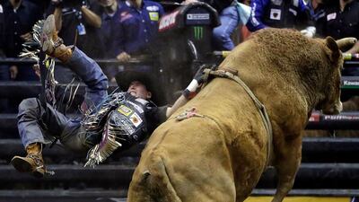 Fabiano Vieira rides Brutus during the PBR Kansas City Invitational in Missouri. Jamie Squire / Getty Images / AFP