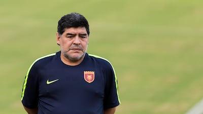 Fujairah, United Arab Emirates, July 15, 2017: Football legend Diego Maradona is introduced as the new head coach of Fujairah football club of UAE's division one at the Fujairah stadium in Fujairah on July 15, 2017. Christopher Pike / The National Reporter: John McAuley Section: Sport Keywords: