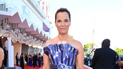 Roberta Armani, in a metallic strapless gown, attends the red carpet for 'Madres Paralelas' during the 78th Venice International Film Festival on September 1, 2021. Getty Images