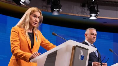 Kadri Simson, European Union's energy commissioner, left, and Jozef Sikela, Czech Republic's industry minister, during a news conference after a meeting of energy ministers of the European Union on Friday, Sept. 9, 2022.