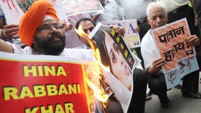 July 27 2011: Activists and members of 'Fight Against Terrorism Society' participate in a protest against the visit of Pakistan's foreign minister to India. Pakistan Foreign minister is on a two-day visit to India and is expected to unveil a host of conf???
