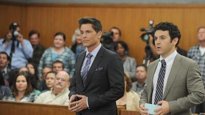 Rob Lowe, left, and Fred Savage play brothers in new television comedy The Grinder. Ray Mickshaw / FOX via AP