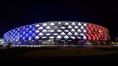 Hazza Bin Zayed Stadium, joins other global buildings by lighting up with the colours of the French flag in solidarity with Paris. Courtesy: Al Ain Club Investment Company