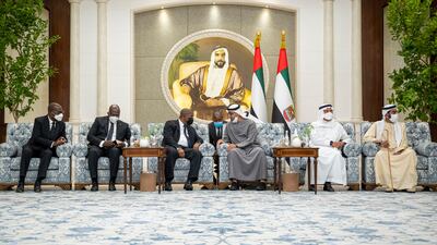 Saudi Arabia's Prince Turki Al Faisal and Angola's President Joao Manuel Lourenco offer condolences to the President, Sheikh Mohamed, and Sheikh Tahnoun bin Mohamed, Ruler's Representative in Al Ain Region.All pictures by Ministry of Presidential Affairs