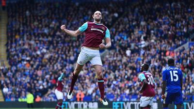 Andy Carroll of West Ham United celebrates after scoring his team’s first goal of the game from the penalty spot during the Premier League match between Leicester City and West Ham United at the King Power Stadium on April 17, 2016 in Leicester, England. (Photo by Dan Mullan/Getty Images)